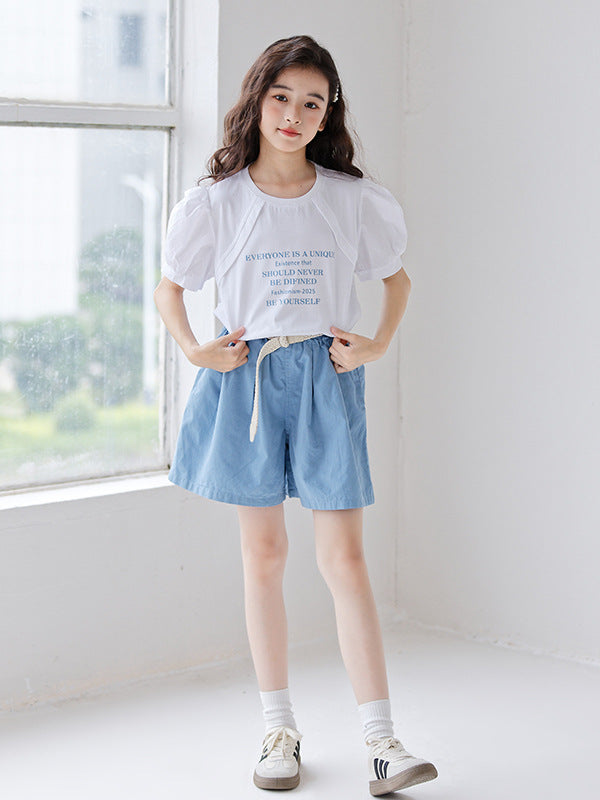 Summer Hot Selling Girls Letters Pattern Short Sleeves T-Shirt And Solid Color Pleated Shorts Clothing Set-1