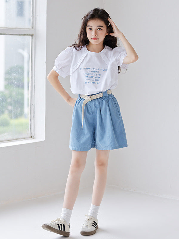 Summer Hot Selling Girls Letters Pattern Short Sleeves T-Shirt And Solid Color Pleated Shorts Clothing Set-2
