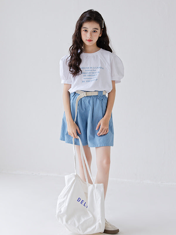 Summer Hot Selling Girls Letters Pattern Short Sleeves T-Shirt And Solid Color Pleated Shorts Clothing Set-3