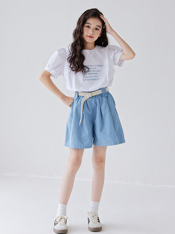 Summer Hot Selling Girls Letters Pattern Short Sleeves T-Shirt And Solid Color Pleated Shorts Clothing Set-4
