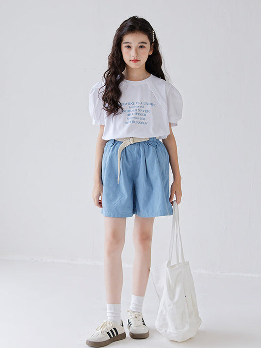 Summer Hot Selling Girls Letters Pattern Short Sleeves T-Shirt And Solid Color Pleated Shorts Clothing Set-0