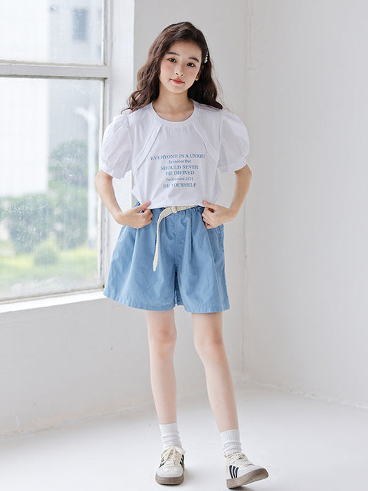 Summer Hot Selling Girls Letters Pattern Short Sleeves T-Shirt And Solid Color Pleated Shorts Clothing Set-1
